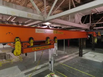 Cleveland Tramrail P&H 15 Ton Double Girder Underhung Bridge Crane 34' 10" Span