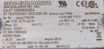 NEW SEW EURODRIVE SA47 DRN80MK4 GEARMOTOR 230/460V 38.23:1 SA47DRN80MK4