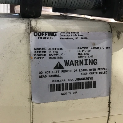Coffing JLCET1016 Electric Chain Hoist 1/2 Ton 1/2H.P 16Fps Speed 1.05Amps
