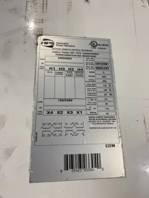 Q005LEKF | HPS  Single Phase Dry Type Transformer 240x480V / 120x240V - Used