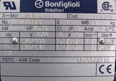 NEW BONFIGLIOLI VF44L2P160 GEARMOTOR TN63B/4 P63B5B3