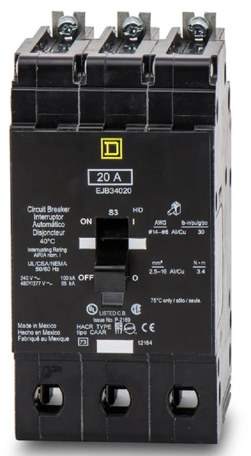 Square D Schneider EJB34020 Bolt-On Molded Case Circuit Breaker, 20A 480V 3 Pole [New]
