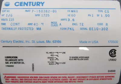 NEW CENTURY 7-150382-01 MOTOR 115V 1/6HP 1725RPM 715038201
