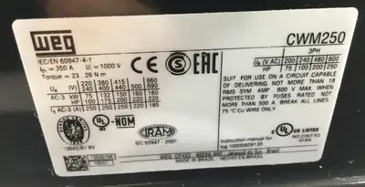 WEG CWM250-22-30E21 Contactor, 250A Coil, 430-500V, 3Ph 4F