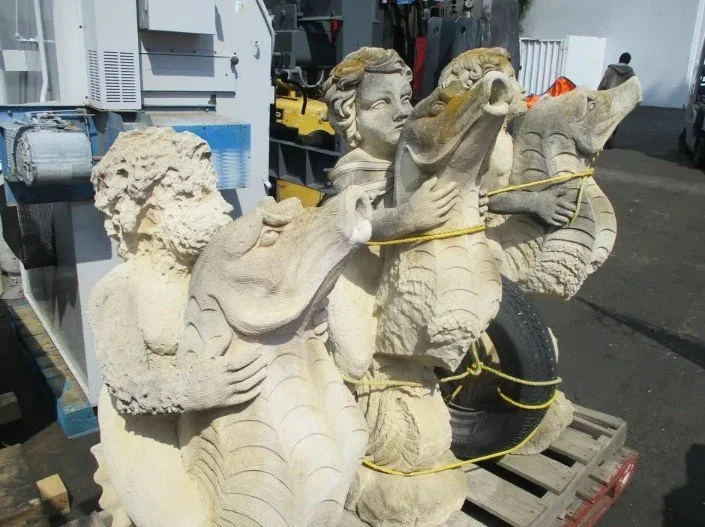 Group of Four Antique Vicenza / LimeStone Carved Angels on Seahorses Fountains