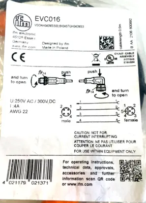 NEW IFM EFECTOR VDOAH040MSS00,6H04STGH040MSS EVC016 CABLE 0.6M LOT OF 2