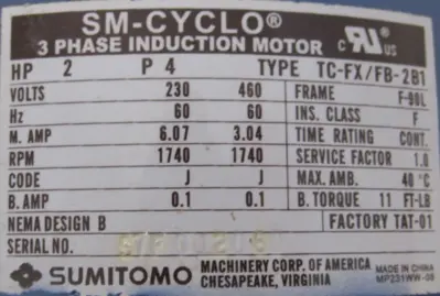 NEW SUMITOMO CNHM2-6100B-B-11 GEAR MOTOR 2HP 1.1:1 CNHM26100BB11