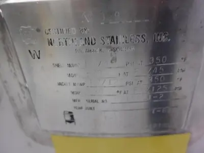 Tank, 65 Gallon (250 Liters), Stainless Steel, Jacketed, 45 PSI Internal, Lightnin Agitated #5991204