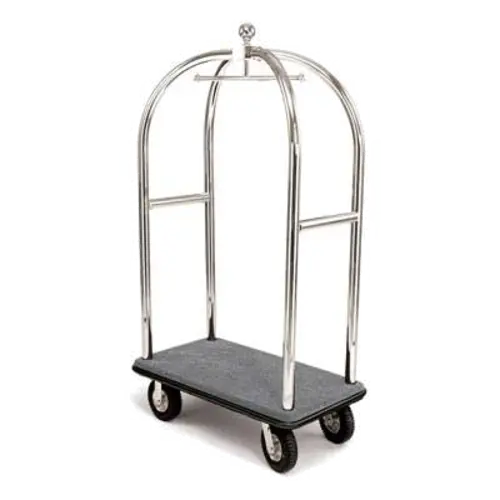 Forbes Industries Birdcage Luggage Cart w/ (2) Push Bars & Carpeted Deck - 43"L x 24"W x 78"H, Brushed Steel (2521-SS)