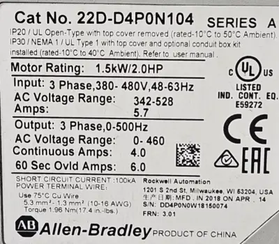 Allen Bradley 22D-D4P0N104 PowerFlex 40P 1.5KW 2HP AC Drive (BIN743)