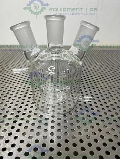 NEW CHEMGLASS CG-1576-04 250ML 3-NECK JACKETED EUROPEAN FLASK 1-CN, 2-SN 24/40 OUTER