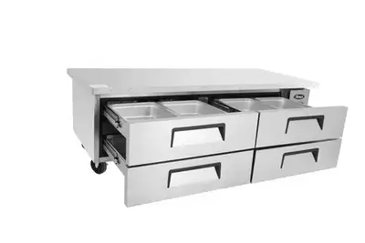 New | in-Stock Atosa New Atosa MGF8454GR 76" Extended Top Refrigerated (4) Drawer Chef Base with 72" Cabinet Chef Bases Illinois US | Falcon Restaurant Supply #1375325