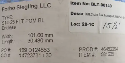 NEW FORBO SIEGLING 46452294 CONVEYOR BELT 4"x15-1/2FT S14-25 981635