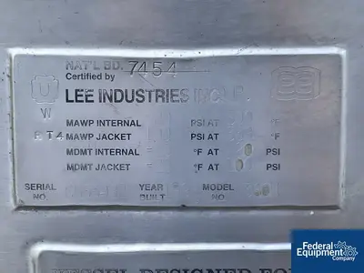 USED Lee Industries 360 Gal Lee Reactor, 304 S/S, 20/100#