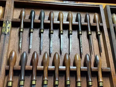 7447-385 Antique Holtzapffel Ornamental Lathe Turning Tools Chisel Set, London -54 Each
