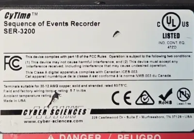 Cyber Sciences SER-3200-PTP Time Sequence of Events Recorder (BIN454)