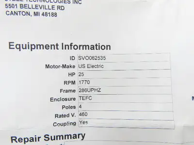 US Motors Vertical Pump Motor 25Hp 460V 3Ph 286UPHZ 1770RPM DP Spina Rebuilt