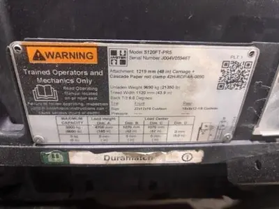 12,000 HYSTER MODEL S120FTPRS LH92"/RH185" WITH 72" CASCADE PAPER ROLL CLAMP