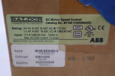 BALDOR ELECTRIC BC140 CN3000A53 115/230VAC 16A - STOCK 3112CC