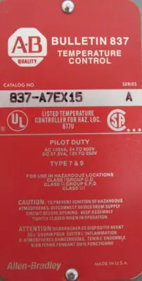 NEW ALLEN BRADLEY 837-A7EX15A TEMPERATURE SWITCH SER.A 200-360F 837A7EX15A