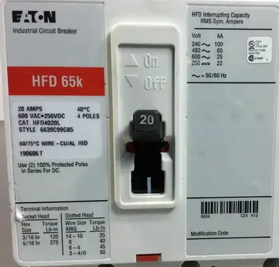 Eaton Cutler-Hammer HFD4020L 20A Circuit Breaker HFD 65K 600V 4 Poles 4F