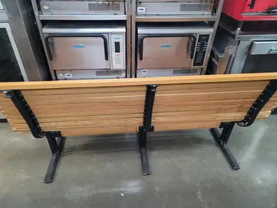 Used FalconRestaurantSupply Used Vintage Falcon Cast Iron and Oak Slat Bench - 1950's? Restaurant Front of House Furnishings Illinois US | Falcon Restaurant Supply #1376852