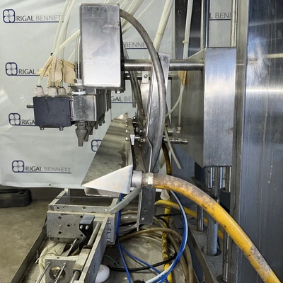 6 Head ELF Filler with feed tanks & container link belt conveyor