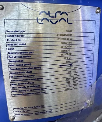 (8) Alfa-Laval S-841 fuel/lube oil purifiers, 316SS.