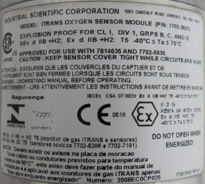 USED INDUSTRIAL SCIENTIFIC 7702-5930 OXYGEN SENSOR TRANSMITTER 7702-3927