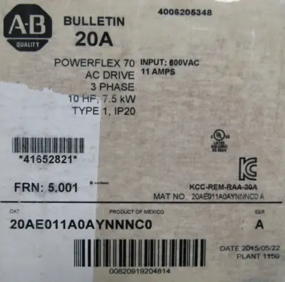 NEW 20AE011A0AYNNNC0 POWERFLEX 70 AC DRIVE 10HP SER.A NEW SURPLUS