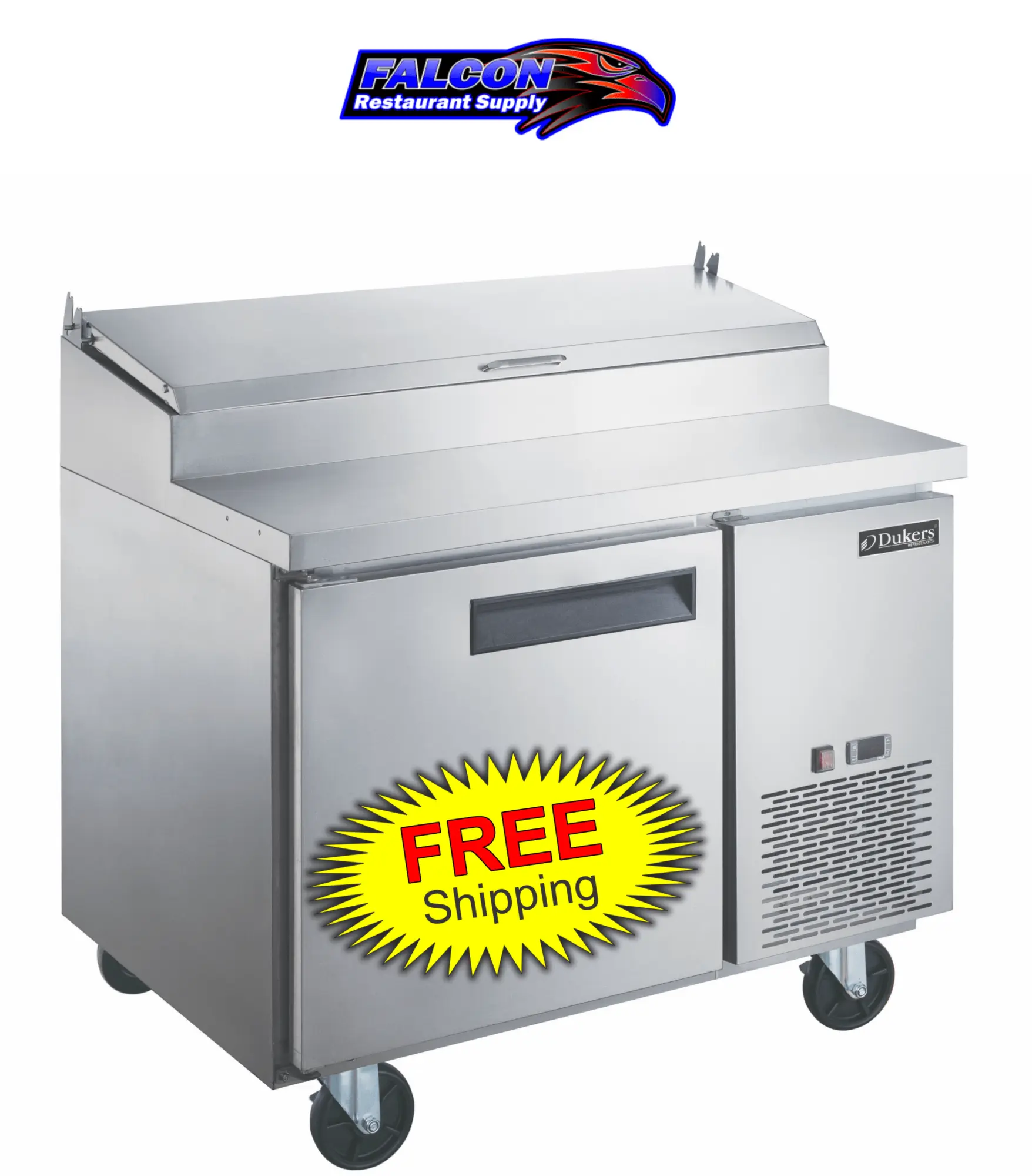 New | in-Stock Dukers New Dukers DPP44-6-S1 Commercial Single Door Pizza Prep Table Refrigerated Food Prep Tables Illinois US | Falcon Restaurant Supply #1376293