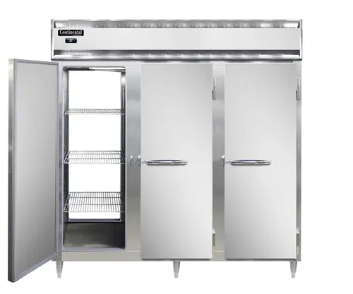 Continental D3RRFNSAPT 78" Designer Line Three Section Commercial Combo Refrigerator Freezer - Solid Doors, Dual Temp, 115v