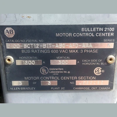 Allen Bradley 2100 Series 3 Section MCC Unit
