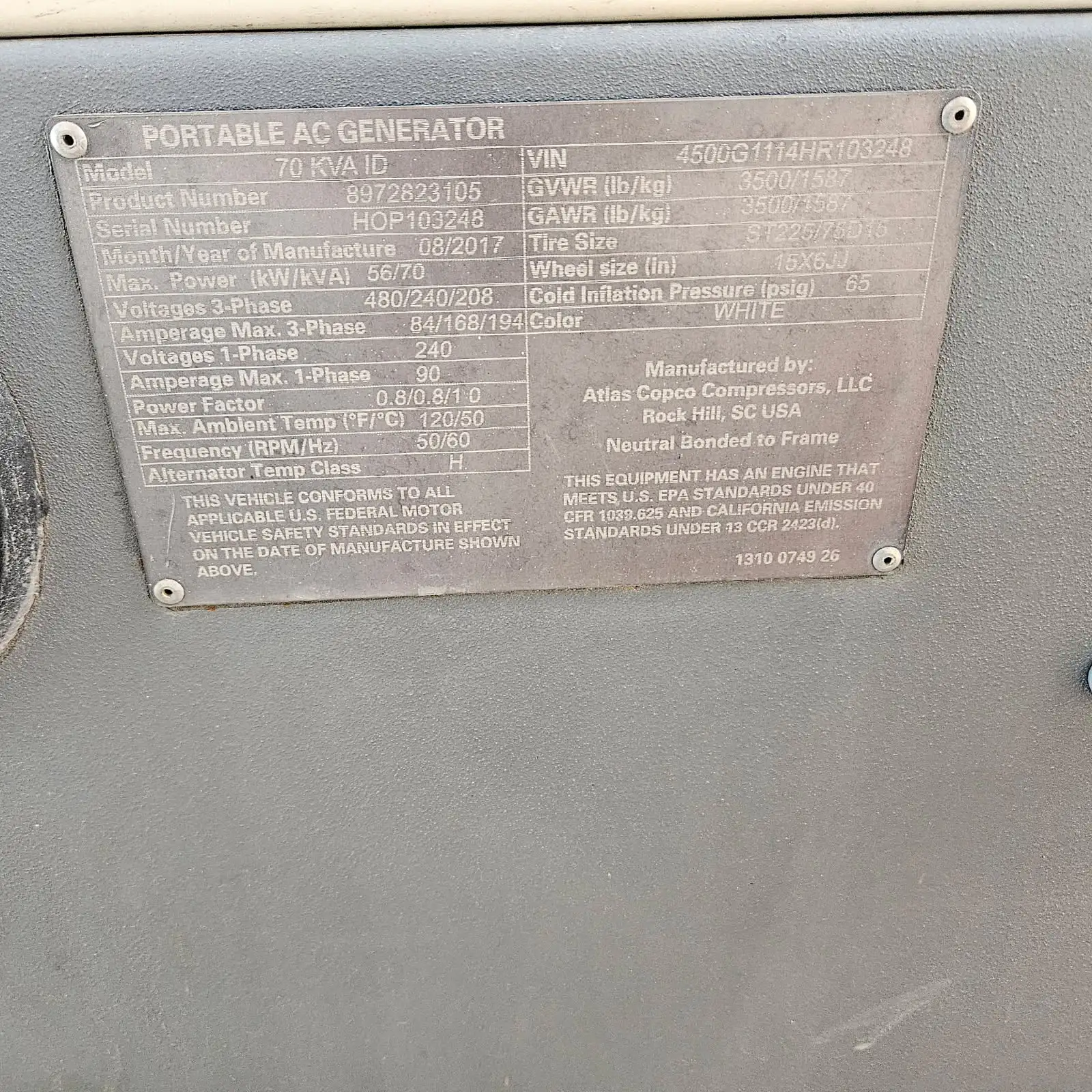 USED 2017 ATLAS COPCO 70 kVA ID