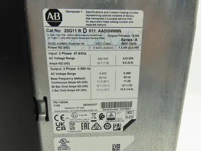 Allen Bradley 20G11RD011AA0NNNNN PowerFlex 755 AC Drive 480V 10.7A 7.5HP Ser A