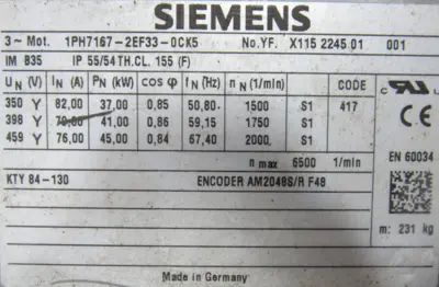 NEW SIEMENS 1PH7167-2EF33-0CK5 SPINDLE MOTOR 1PH71672EF330CK5