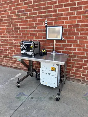 USED OPTEL PORTABLE MANUAL PACKING STATION W/  SATO CL6NX THERMAL PRINTER, SCANNER