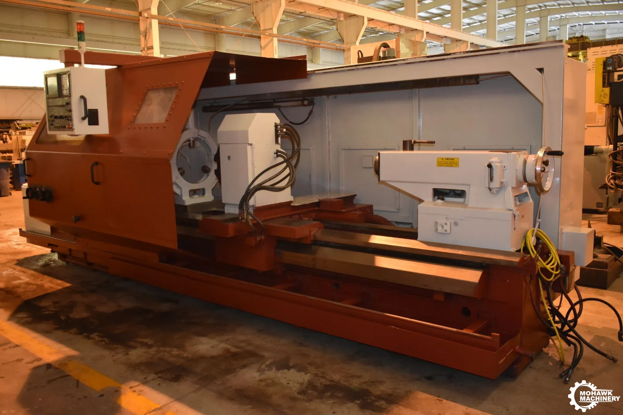 38.6/48.4" x 118" HWACHEON "MEGA-95/3000" CNC HEAVY-DUTY GAP-TYPE FLATBED LATHE w/FANUC 21-T CNC CONTROL - 6” HOLE THRU SPINDLE - 24" 3-JAW CHUCK - 12-POSITION TOOL HOLDING TURRET
