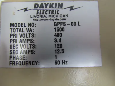 DayKin GPFS-03 L Transformer Disconnect Switch Enclosure 1500VA 480/120V 1Ph