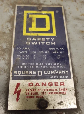Square D H362 60 Amp 600 VAC 3 Phase 3P Fusible Disconnect Switch W/Fuses