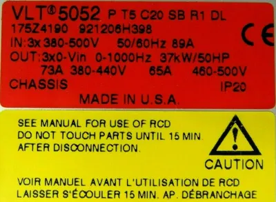 NEW DANFOSS VLT-5052 DRIVE 50HP 175Z4190 921206H398 VLT5052-P-T5-C20-SB-R1-DL