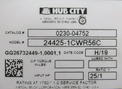NEW HUB CITY 0230-04752 GEAR REDUCER 25:1 24425-1CWR56C 023004752