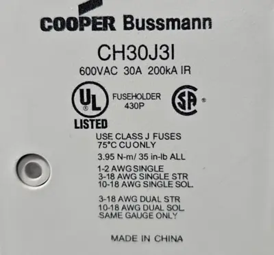 Bussmann CH30J3I 30A 600VAC 200ka IR Fuse Holder (BIN412)