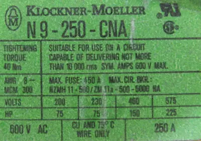USED KLOCKNER MOELLER N9-250-CNA DISCONNECT SWITCH 250A N9250CNA