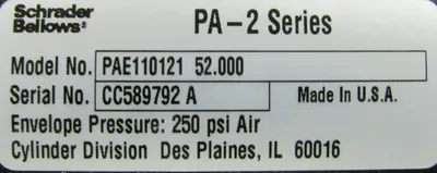 NEW SCHRADER BELLOWS PAE110121-52.000 CYLINDER PA-2 SERIES PAE11012152.000
