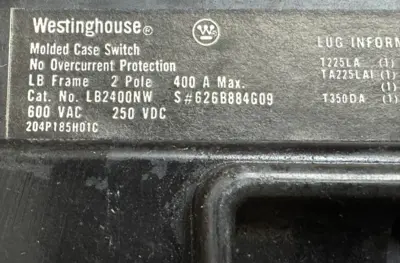 NEW WESTINGHOUSE LB2400NW CIRCUIT BREAKER 1PH 2P 600V 400A