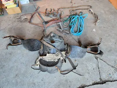 Vintage Western Saddle and Tack Set including Saddle, Stirrups, Reins, and Rope