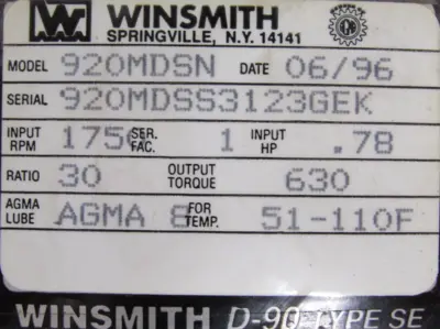 USED WINSMITH 920MDSN GEAR REDUCER 30:1