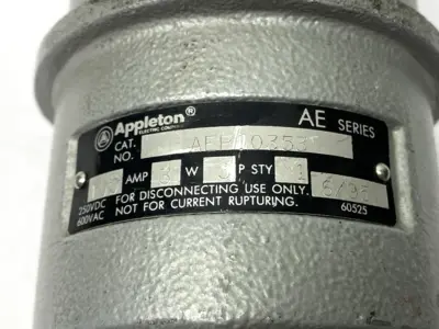 USED APPLETON INDUSTRIAL WEATHERPROOF SLEEVE W/ MALE PLUG 3 POLE 100A
