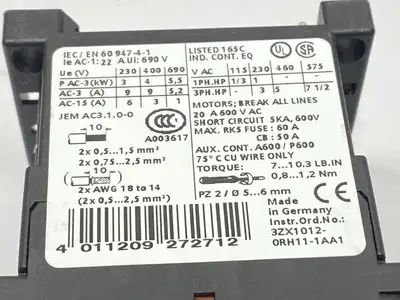 3RT1016-1BB42 | Siemens  Contactor 3-Phase 20A 600VAC 24VDC - Used